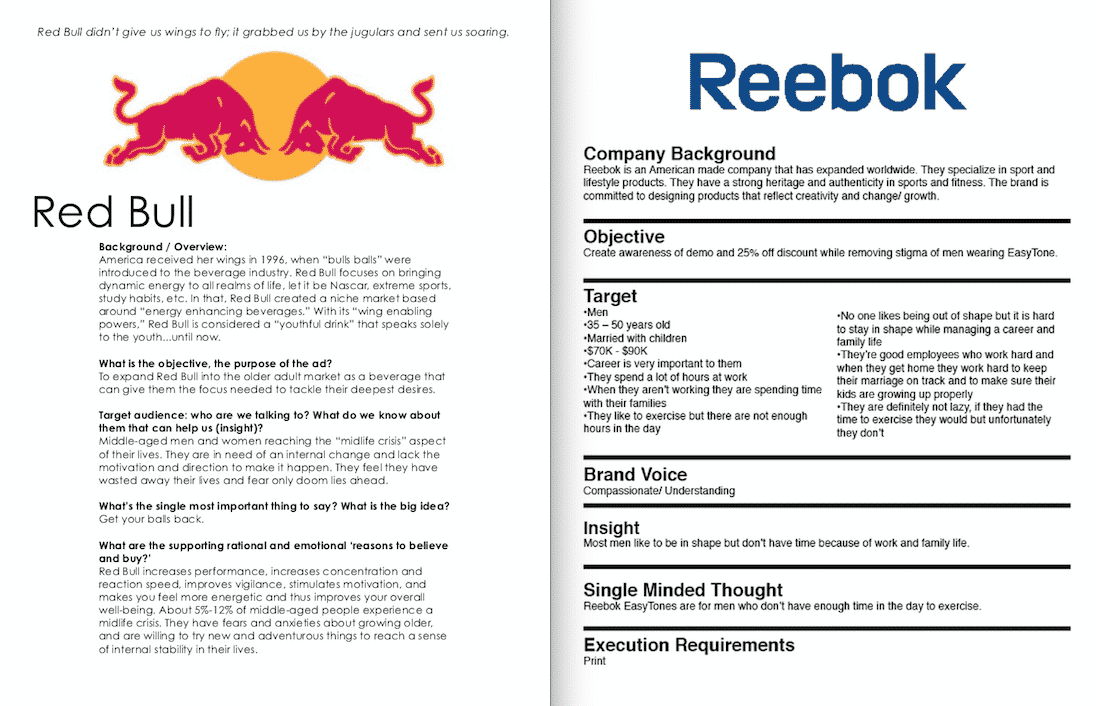 Red Bull and Reebok creative briefs