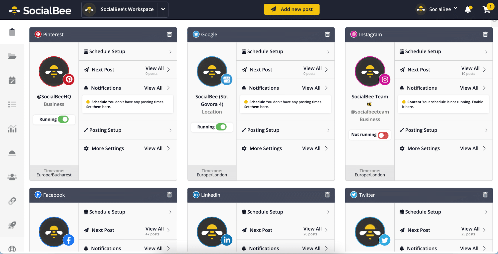 SocialBee's Dashboard with connected social media profiles