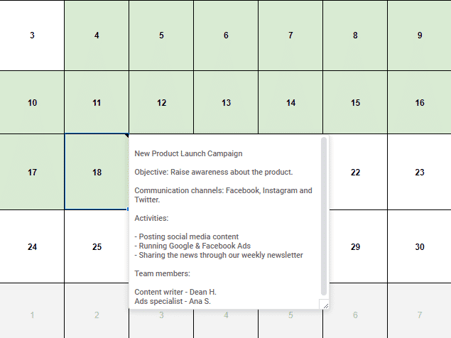marketing calendar entry example